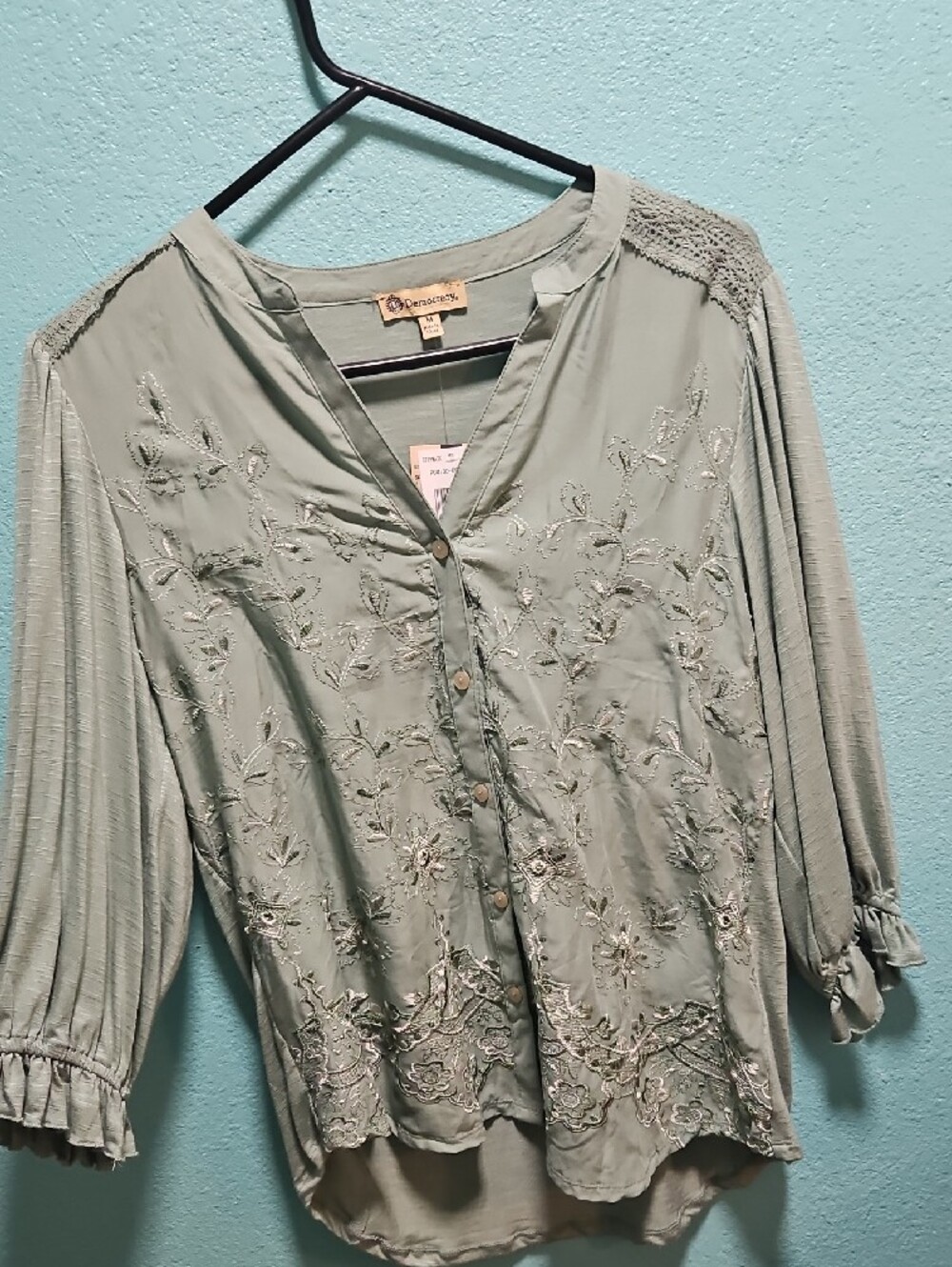Democracy Sage Green Embroidered Button-Front Blouse